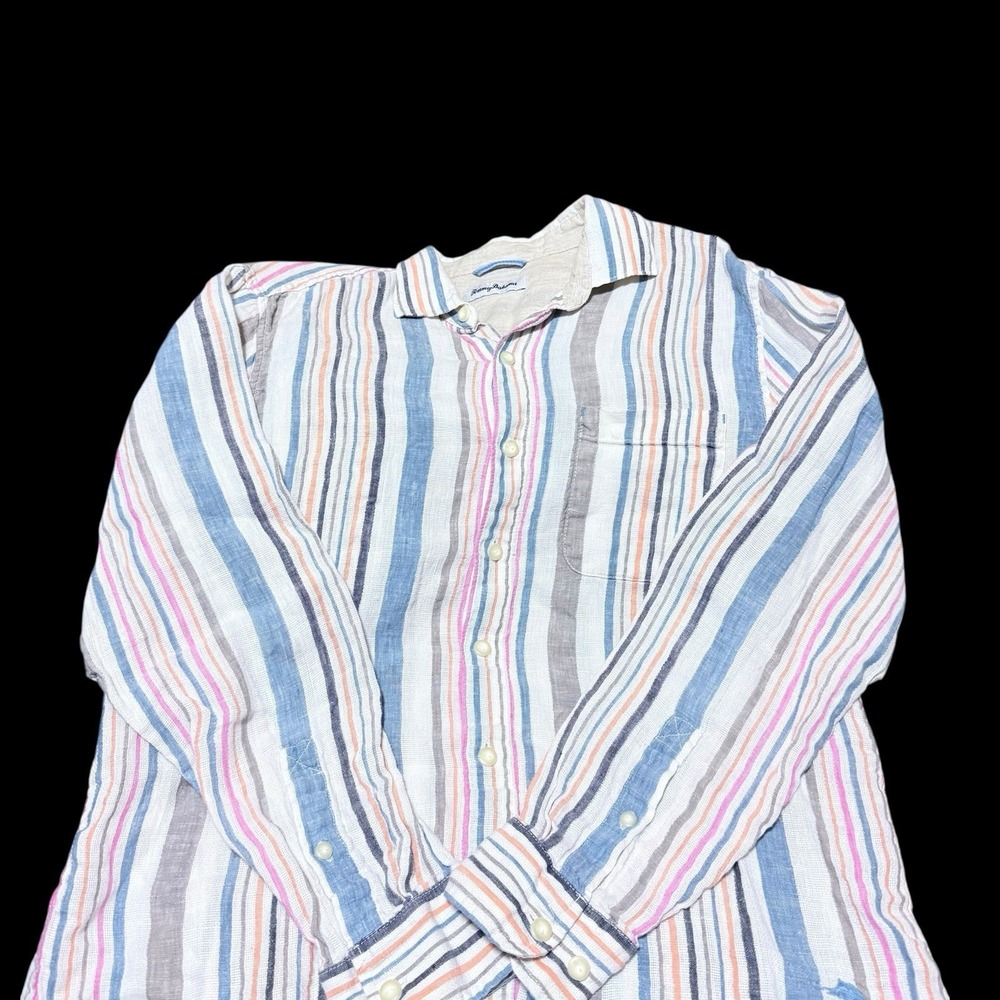 Tommy Bahama Mens M 100% Linen Long Sleeve Button Down Shirt Multicolor Stripes